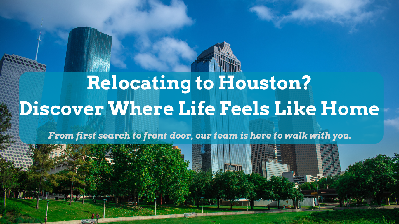Houston skyline with bright skies and Discovery Green park view, featuring relocation messaging from Sucré Realty for families moving to Texas.